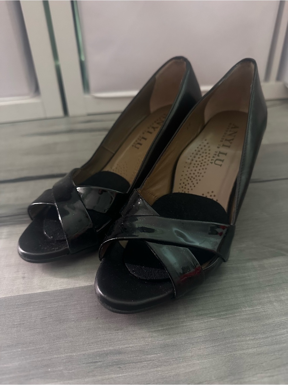 Anyi Lu Black Patent Leather Wedge Peep-Toe Pumps